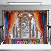 Lofaris Rainbow Curtain Window Snowy Scene Christmas Backdrop